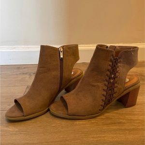 Taupe open-toe booties; size 7.5